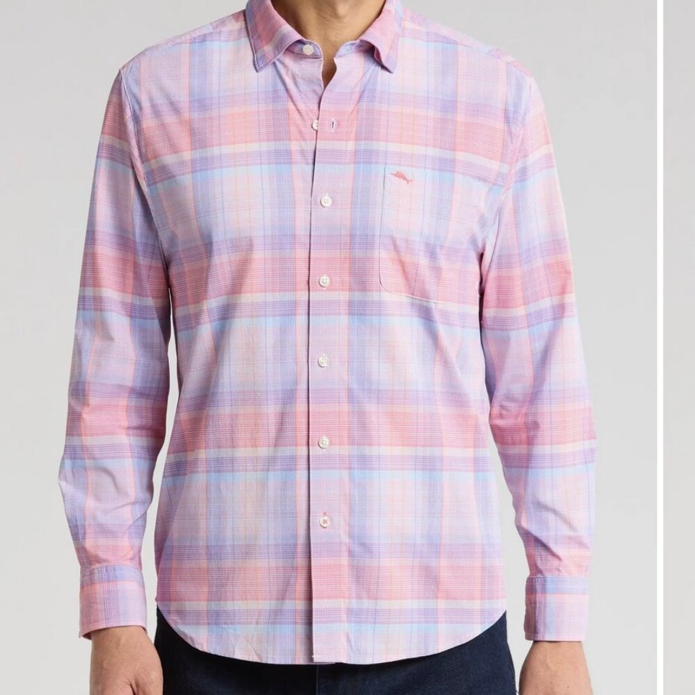 NWT Tommy Bahama Siesta Key Button Down Pink Blue Plaid Coastal Shirt Mens L